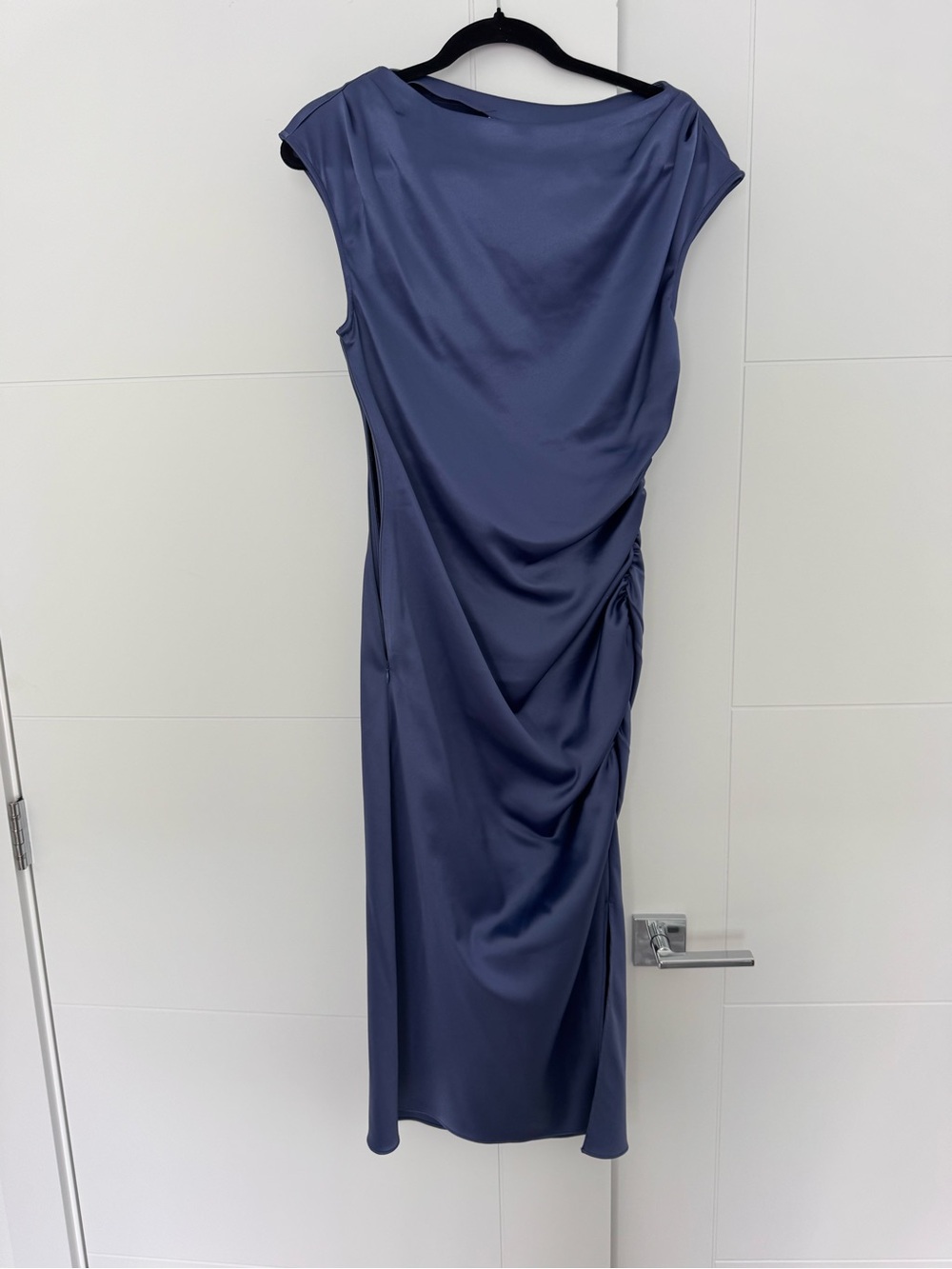 BHLDN Slate Blue Satin Midi Dress with Draped Side